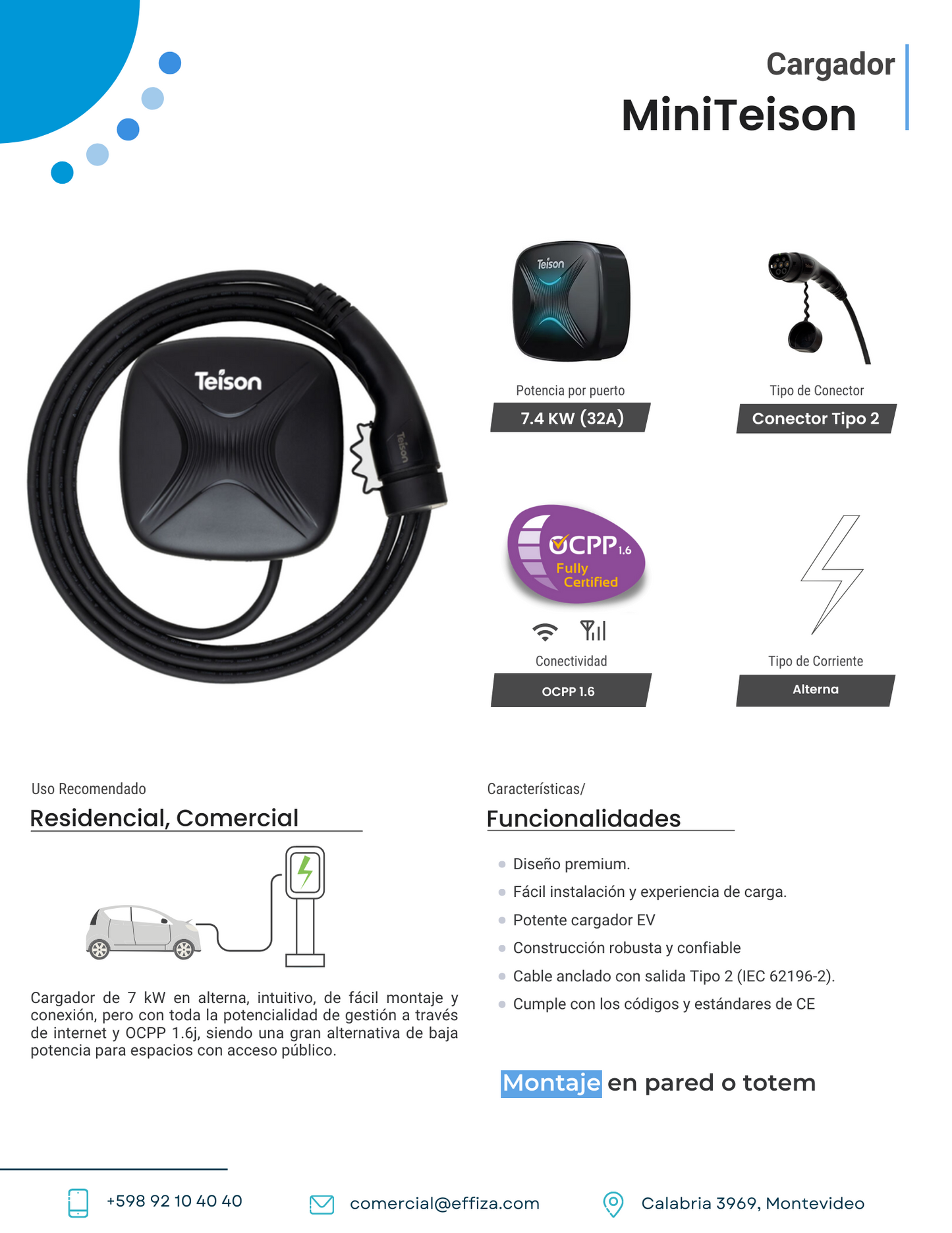 Cargador EV Pared MINI Teison TIPO 2 CABLE 7,4kW AC